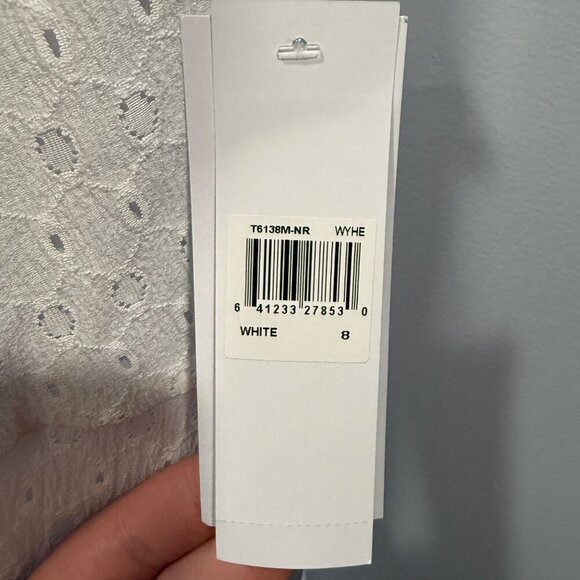 London Times Tiered Eyelet Lace Midi Dress White Size 8 Workwear Peasant NEW - Picture 11 of 11